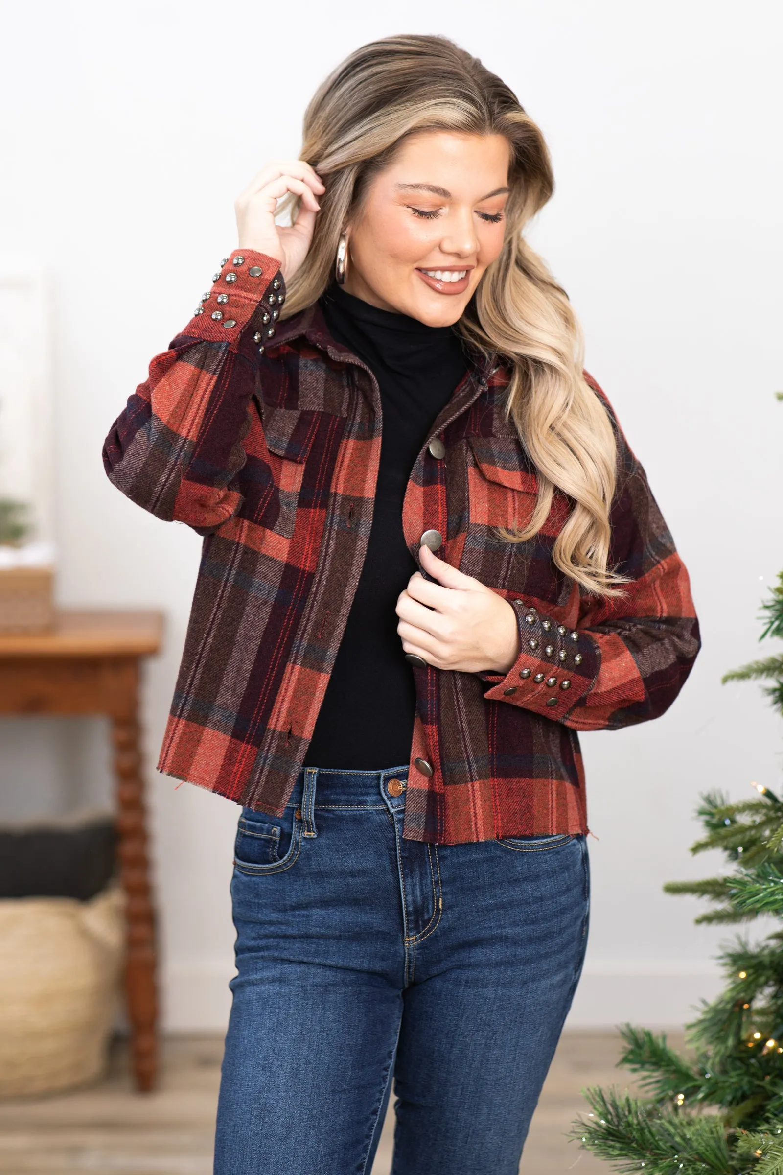 Wine Plaid Jacket With Stud Cuff Detail