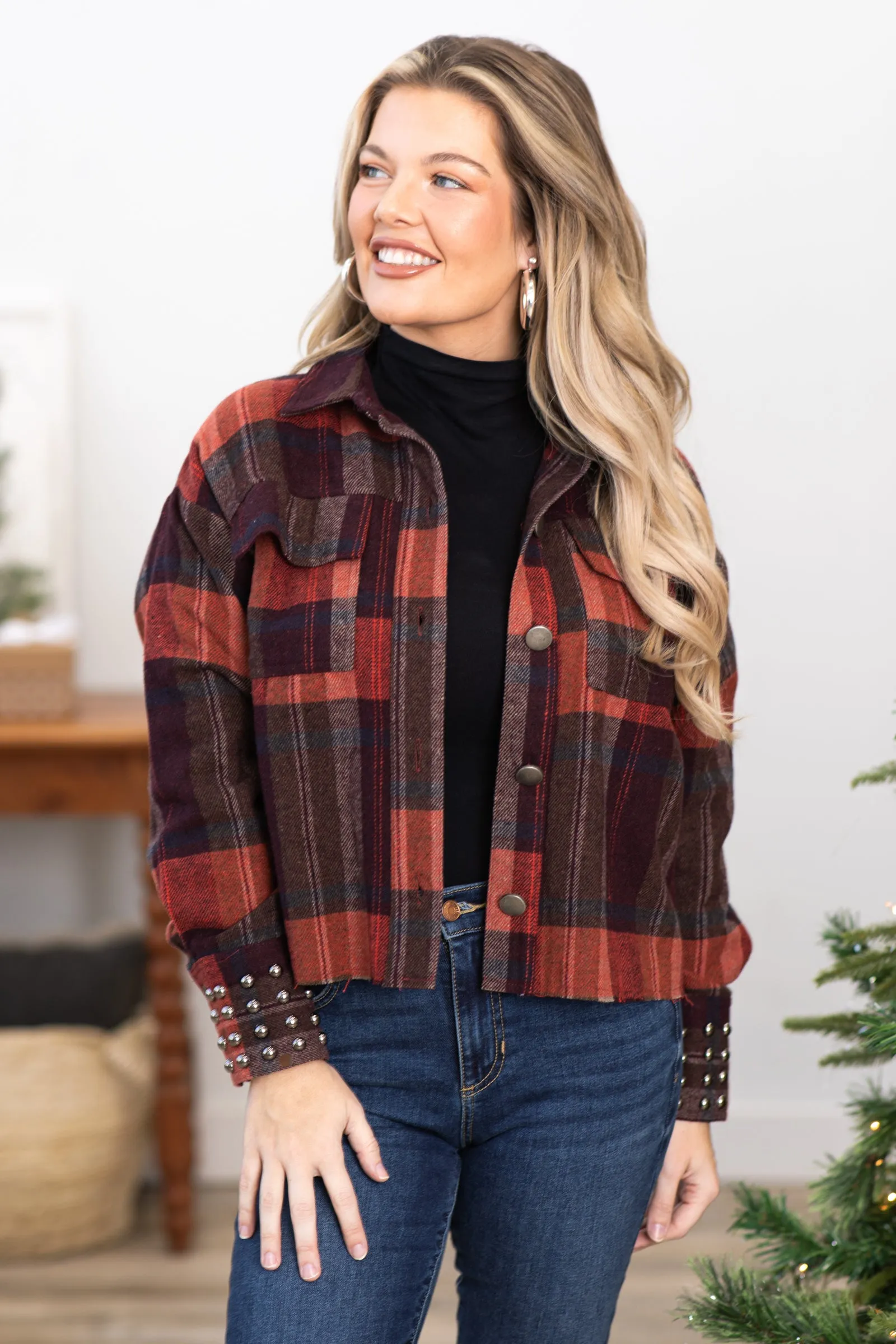 Wine Plaid Jacket With Stud Cuff Detail