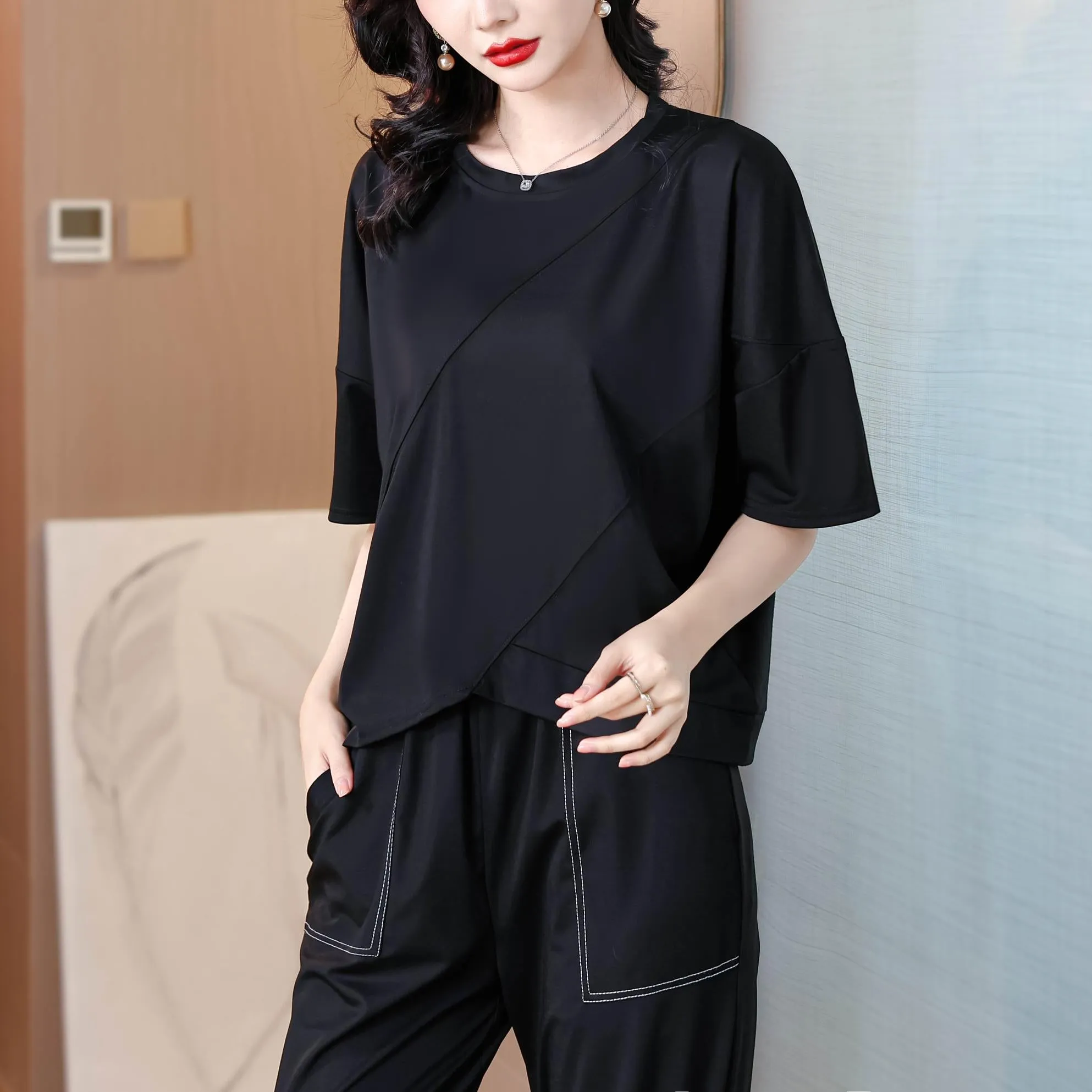 Women's Patchwork Design T-Shirt with a Round Neckline