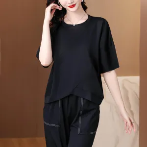 Women's Patchwork Design T-Shirt with a Round Neckline
