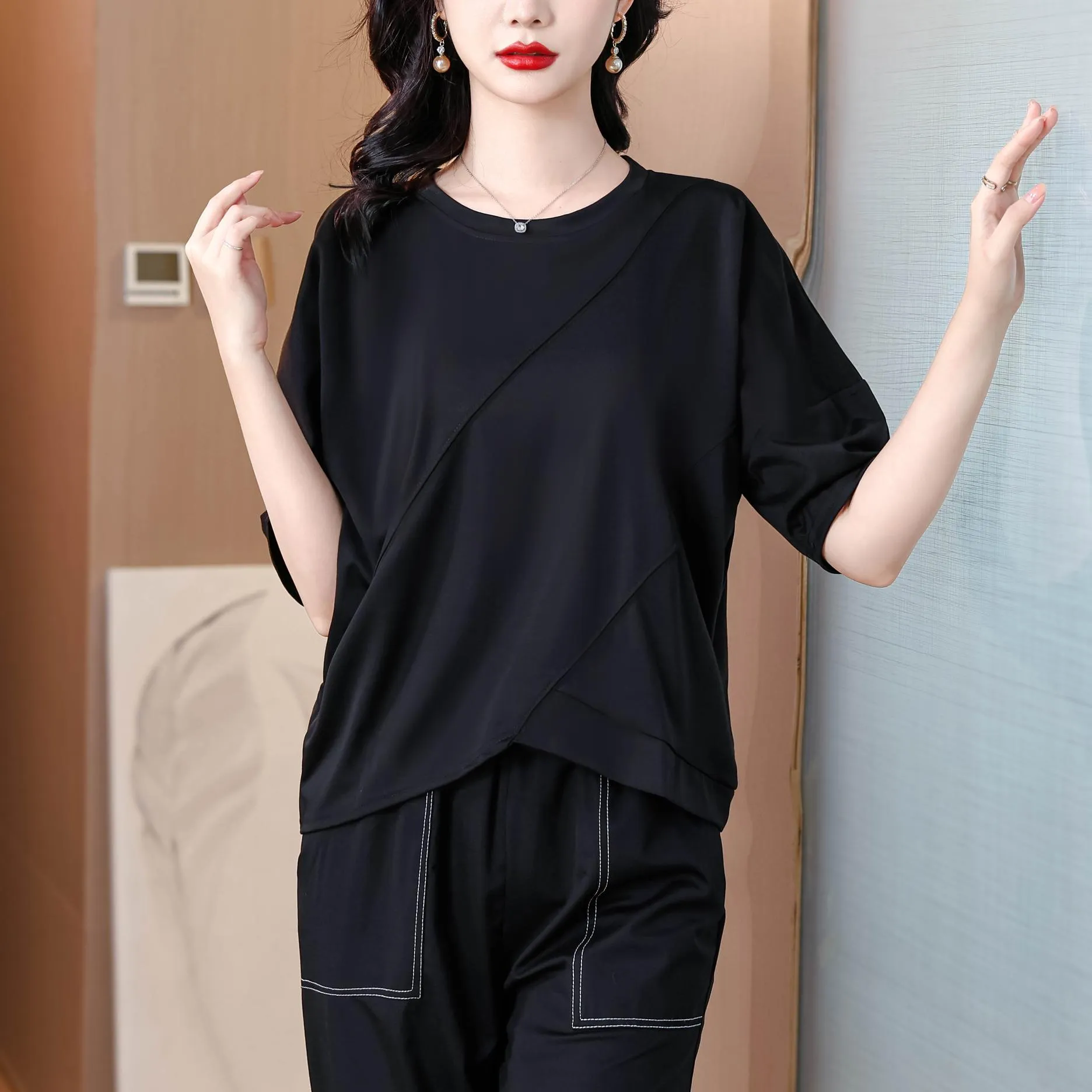 Women's Patchwork Design T-Shirt with a Round Neckline