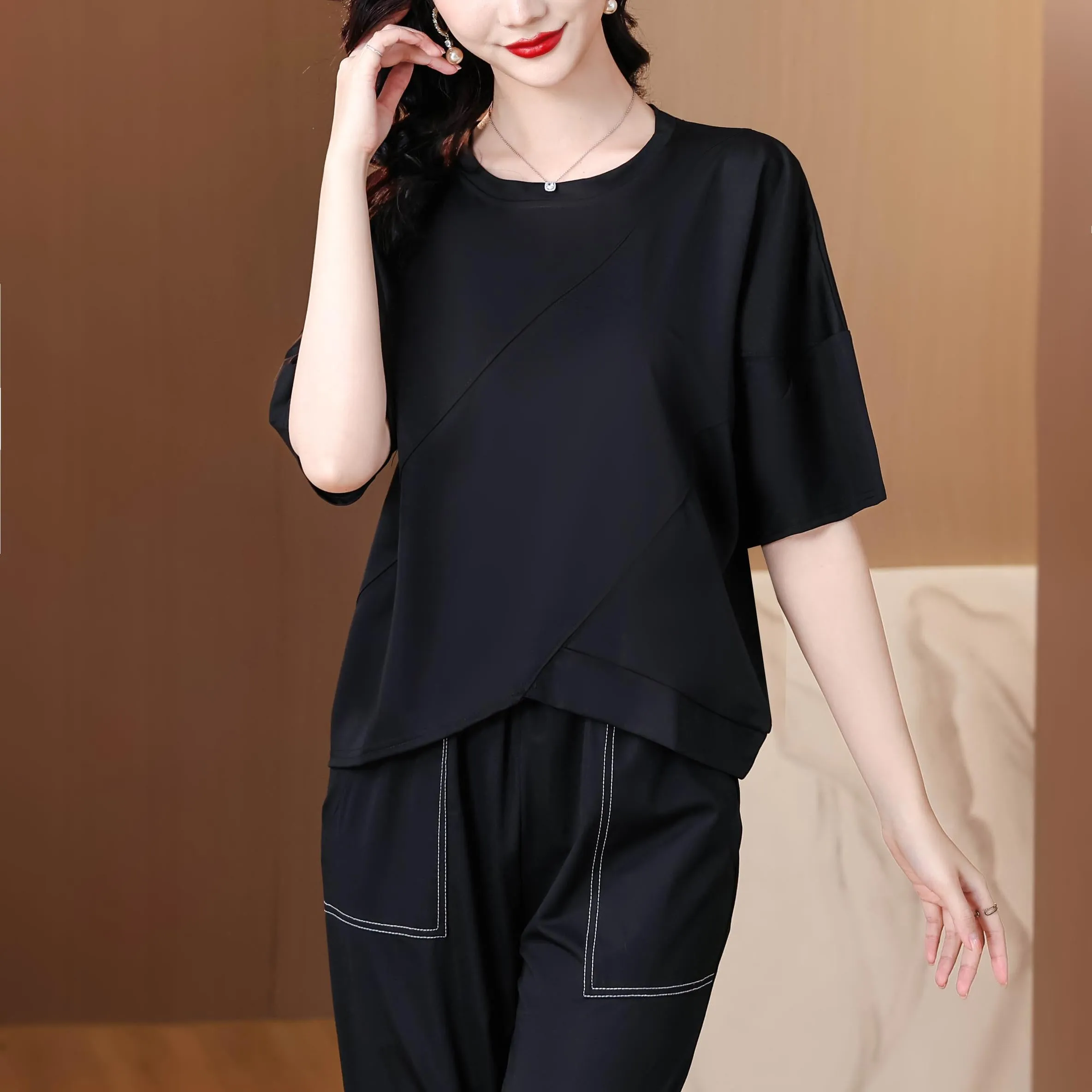 Women's Patchwork Design T-Shirt with a Round Neckline