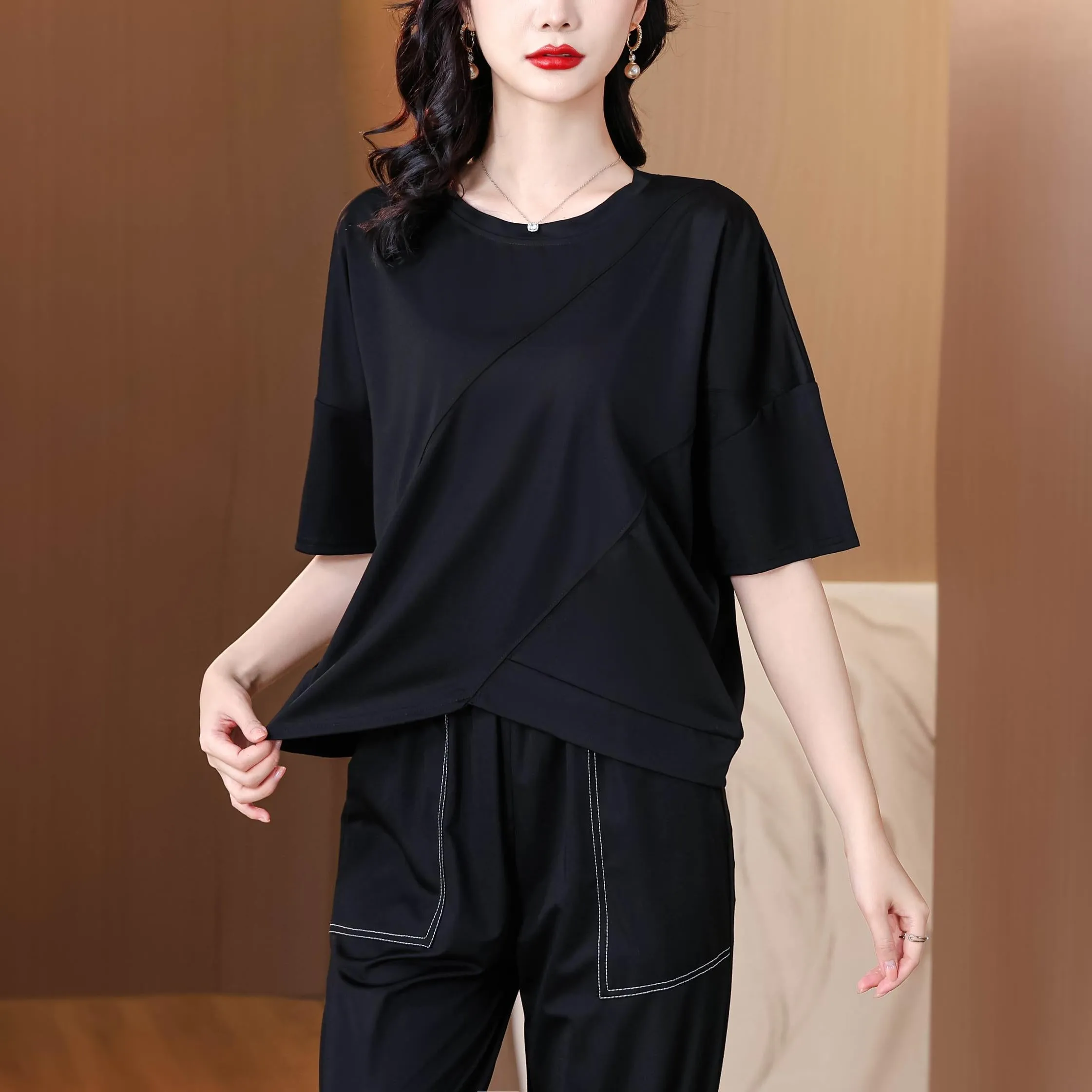 Women's Patchwork Design T-Shirt with a Round Neckline