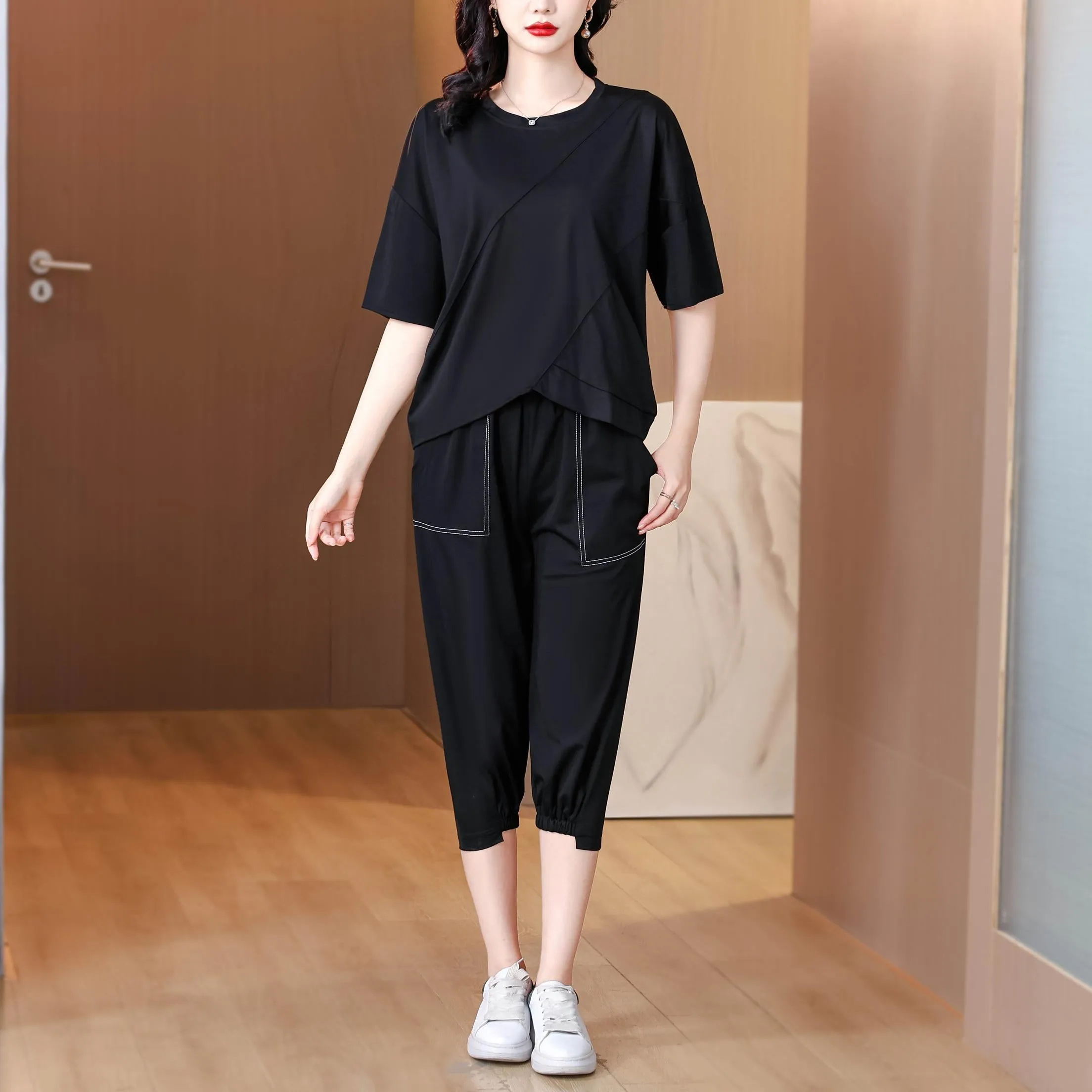 Women's Patchwork Design T-Shirt with a Round Neckline