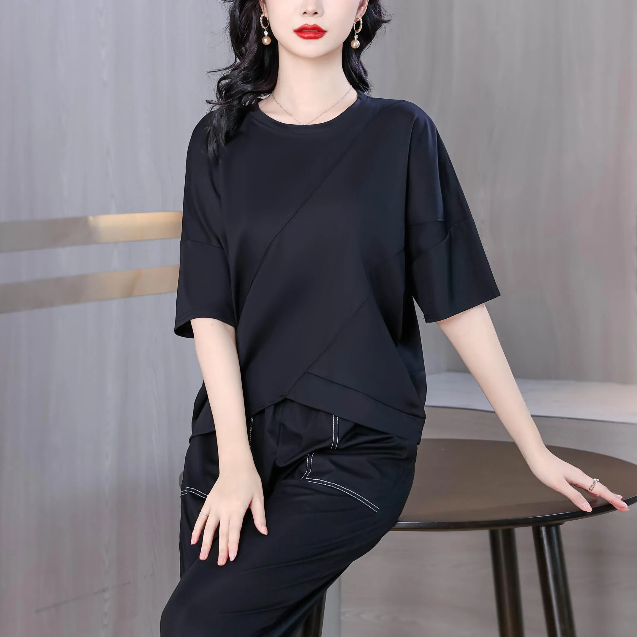 Women's Patchwork Design T-Shirt with a Round Neckline