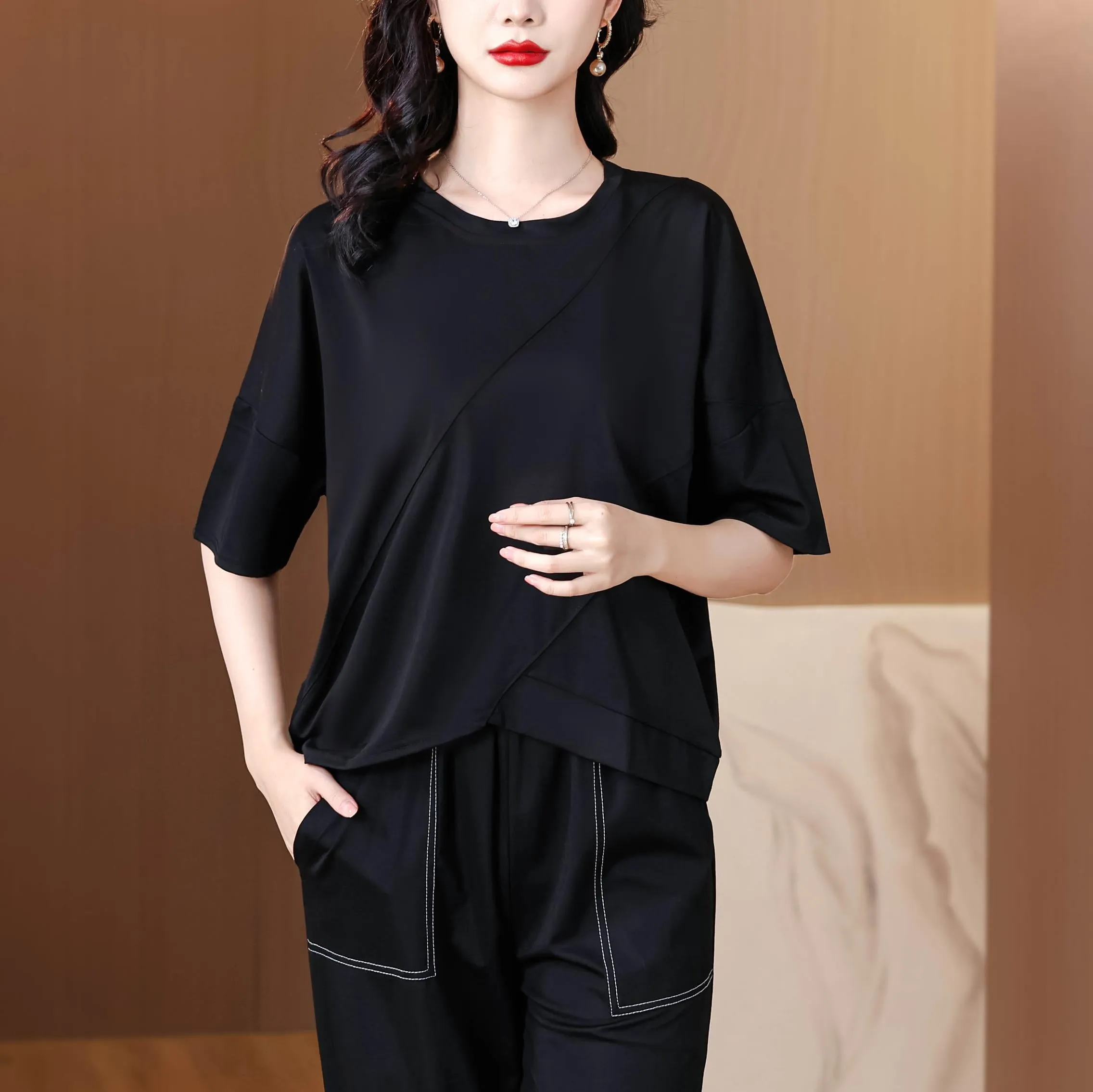 Women's Patchwork Design T-Shirt with a Round Neckline