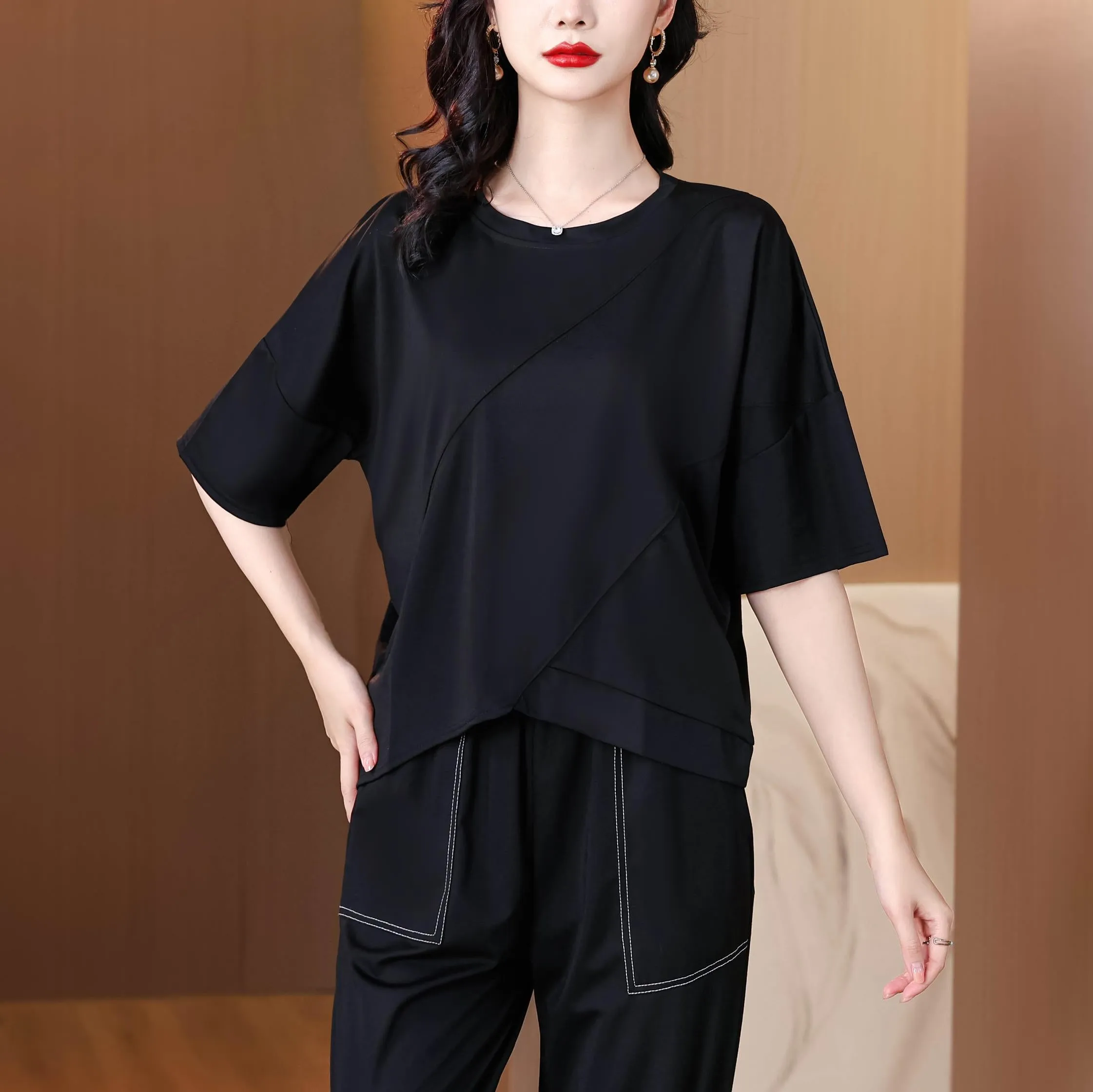 Women's Patchwork Design T-Shirt with a Round Neckline