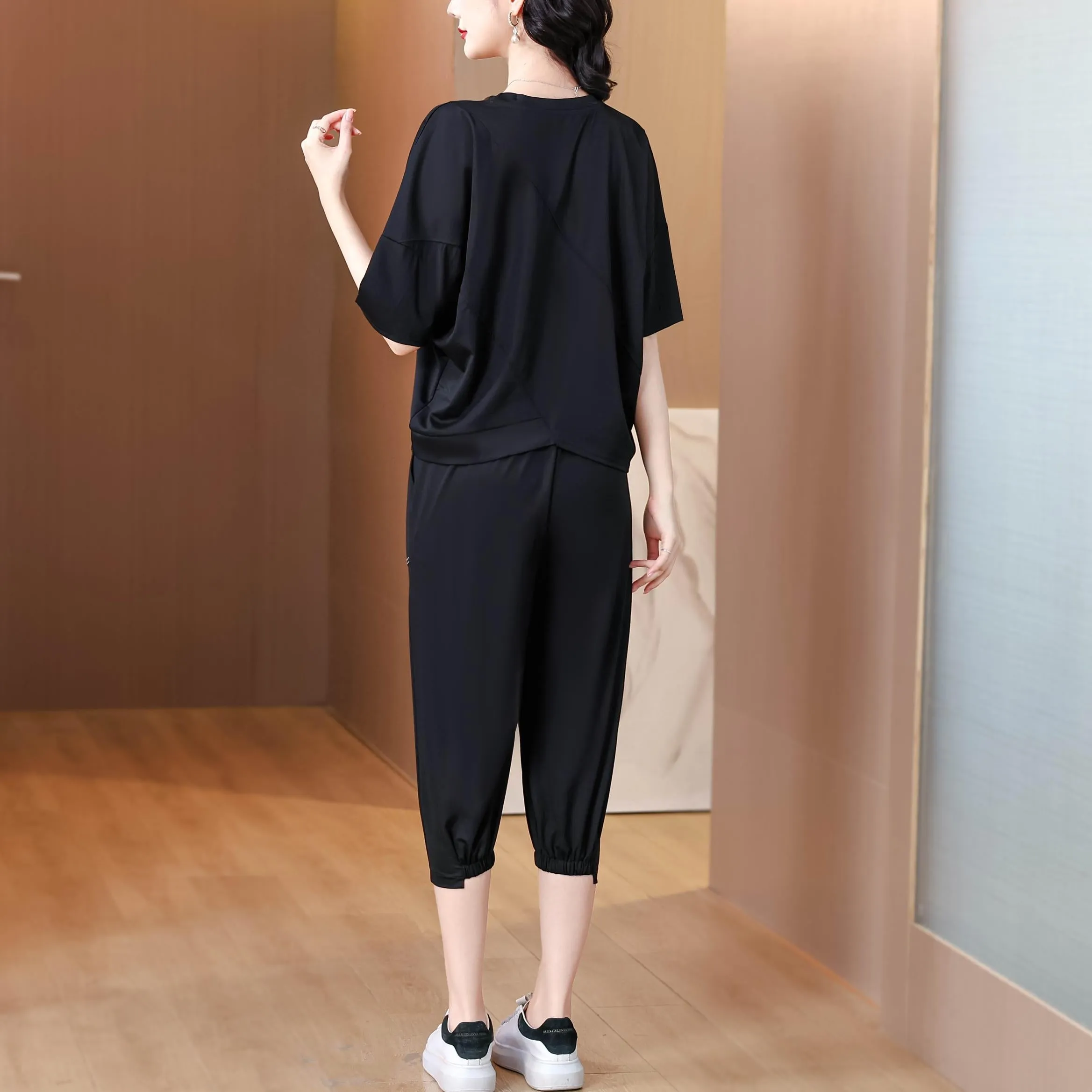 Women's Patchwork Design T-Shirt with a Round Neckline