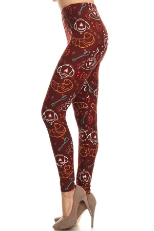 Women's Plus Coffee Tea Baguette Pattern Printed Leggings