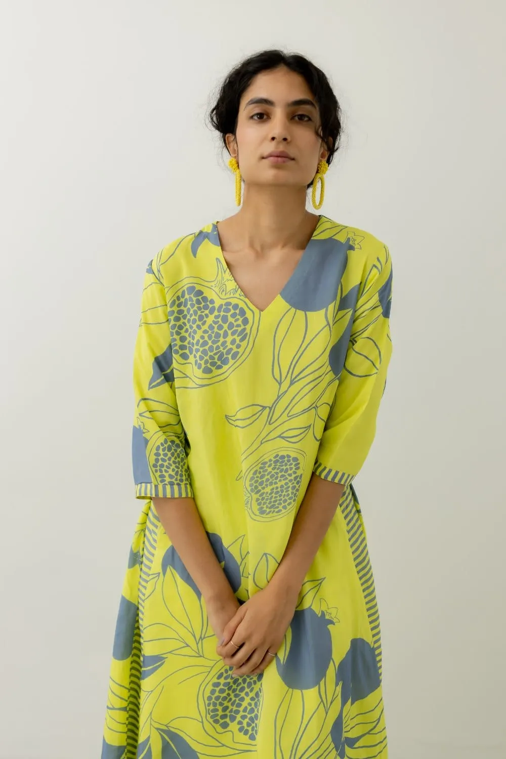 Yellow Grey Pomegranate Print Kurta and Pants set
