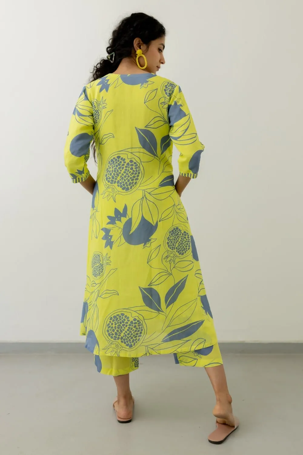Yellow Grey Pomegranate Print Kurta and Pants set