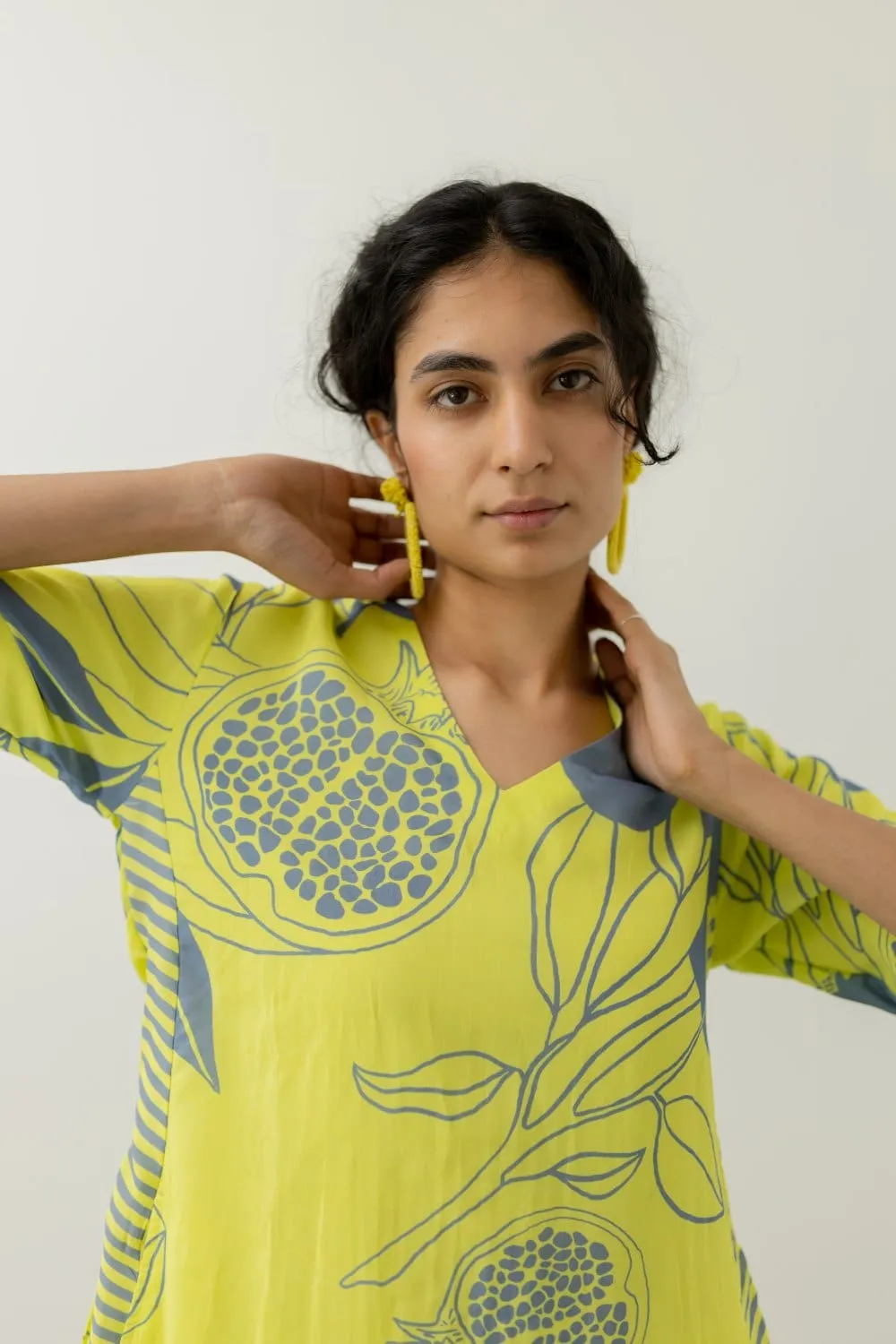 Yellow Grey Pomegranate Print Kurta and Pants set