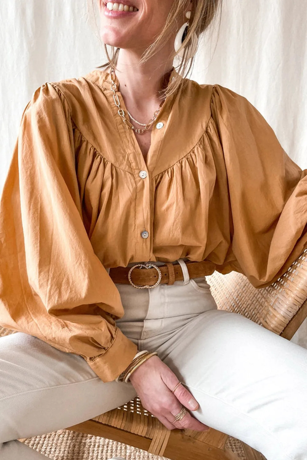 Yellow Puff Sleeve Pleated Loose Shirt