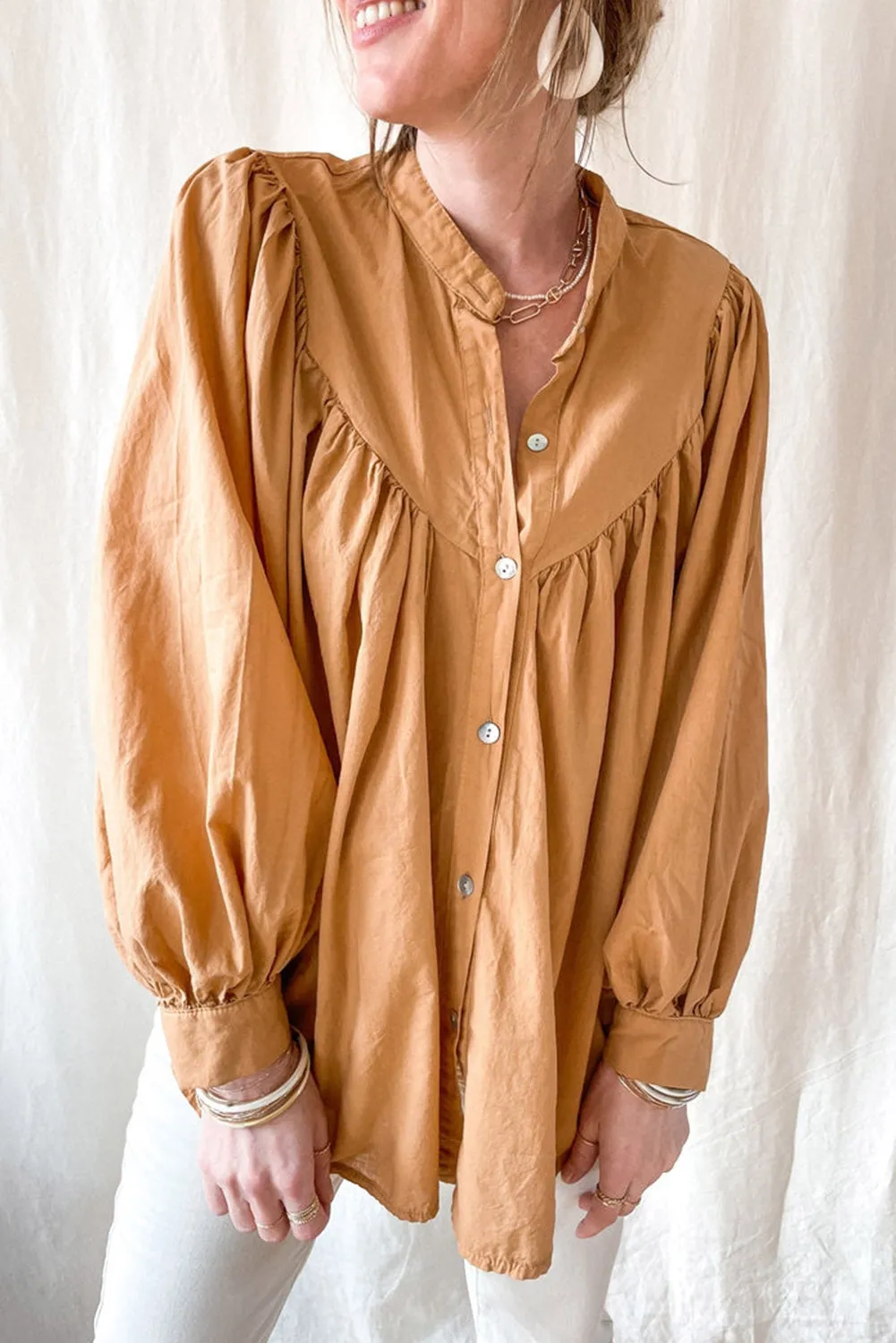 Yellow Puff Sleeve Pleated Loose Shirt