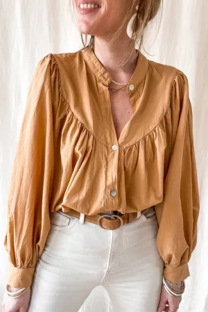 Yellow Puff Sleeve Pleated Loose Shirt