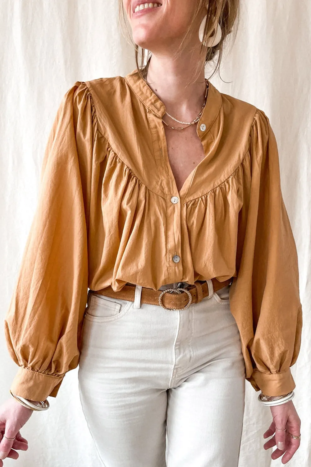 Yellow Puff Sleeve Pleated Loose Shirt