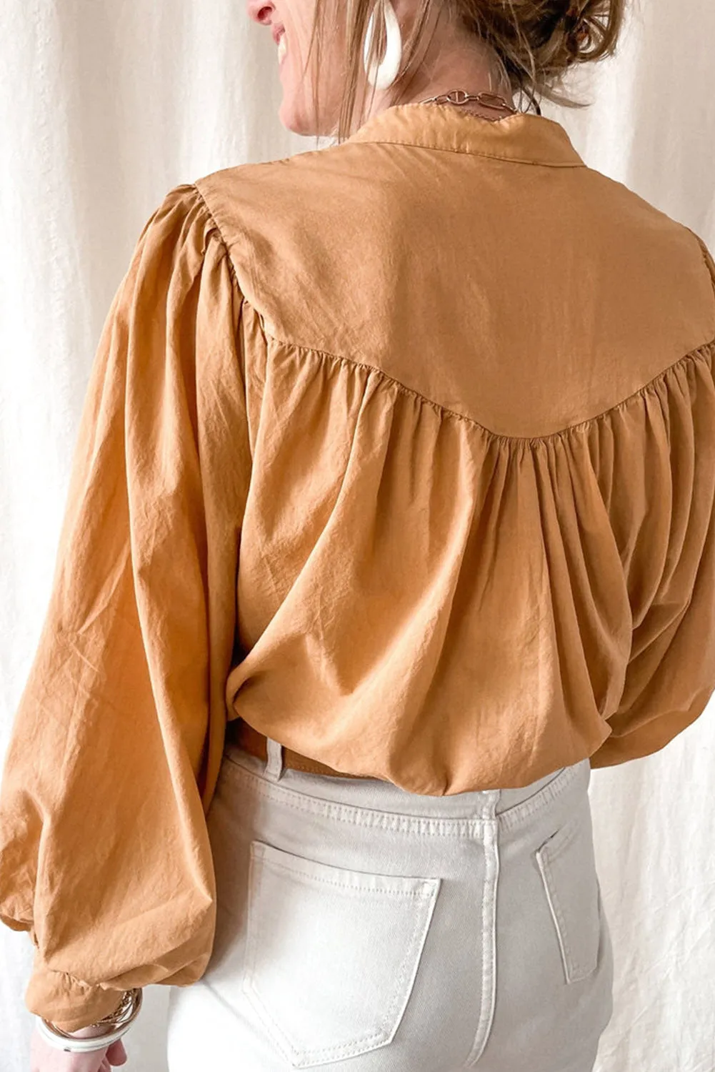 Yellow Puff Sleeve Pleated Loose Shirt