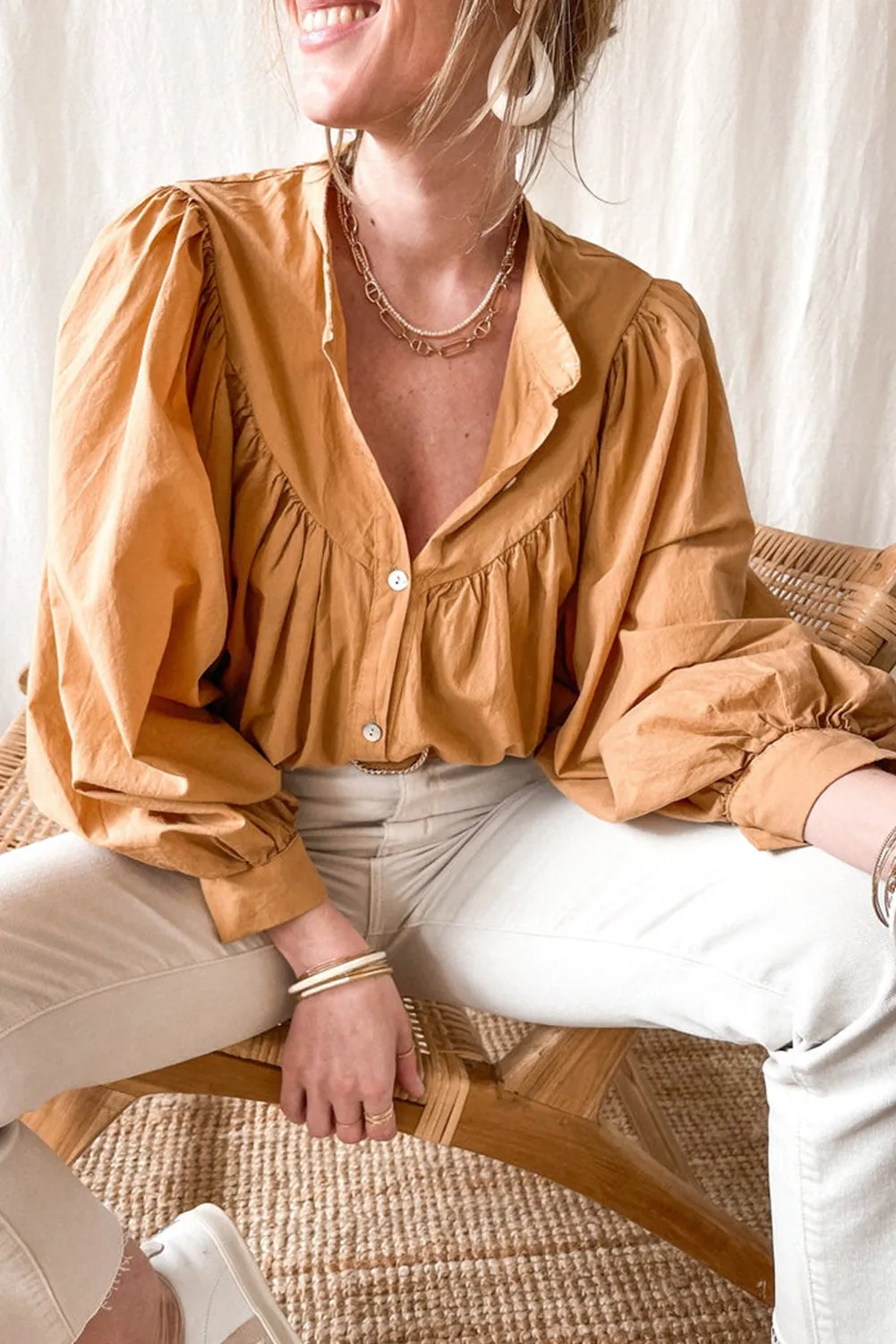 Yellow Puff Sleeve Pleated Loose Shirt