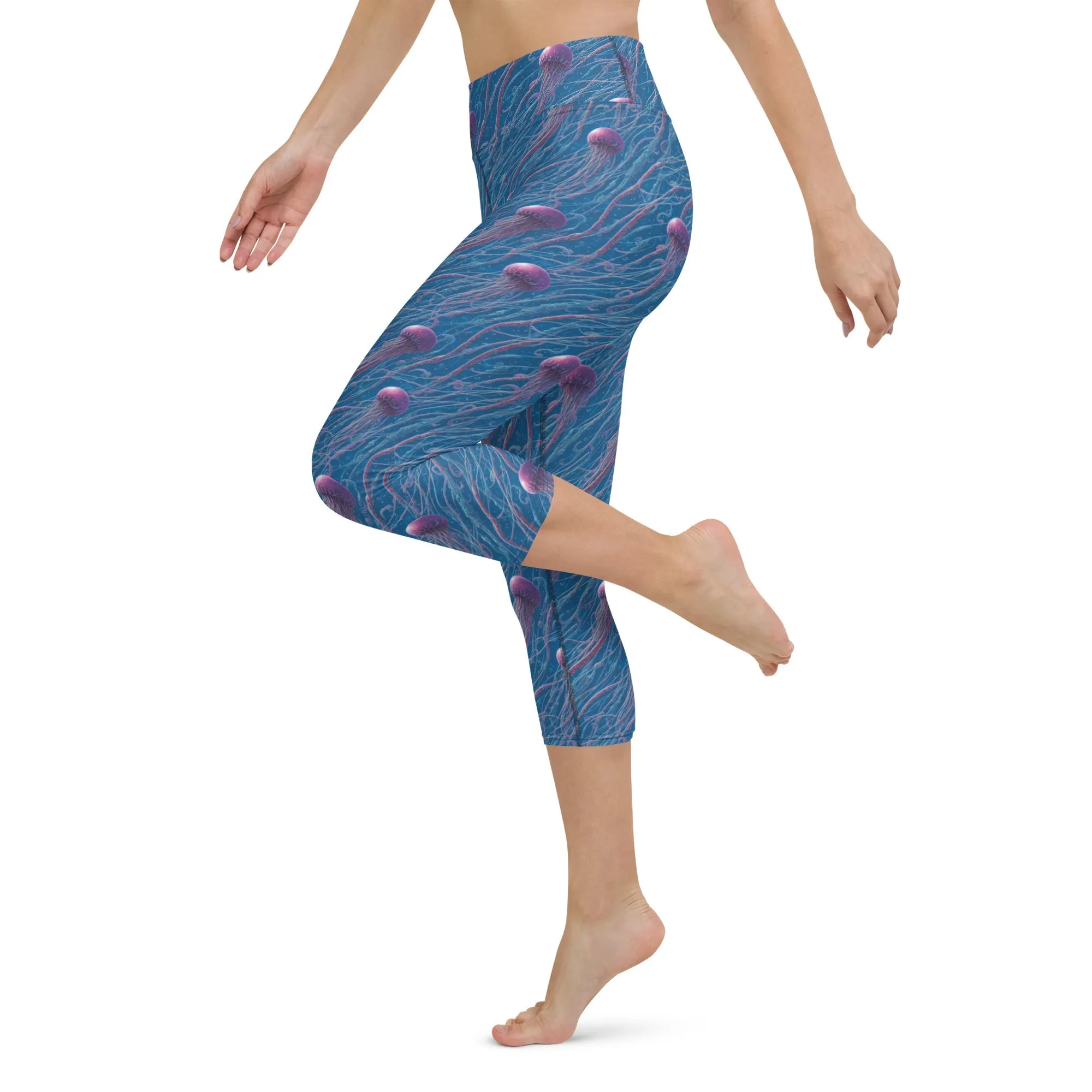 Yoga Capri Leggings Blue and Violet Jellyfishes