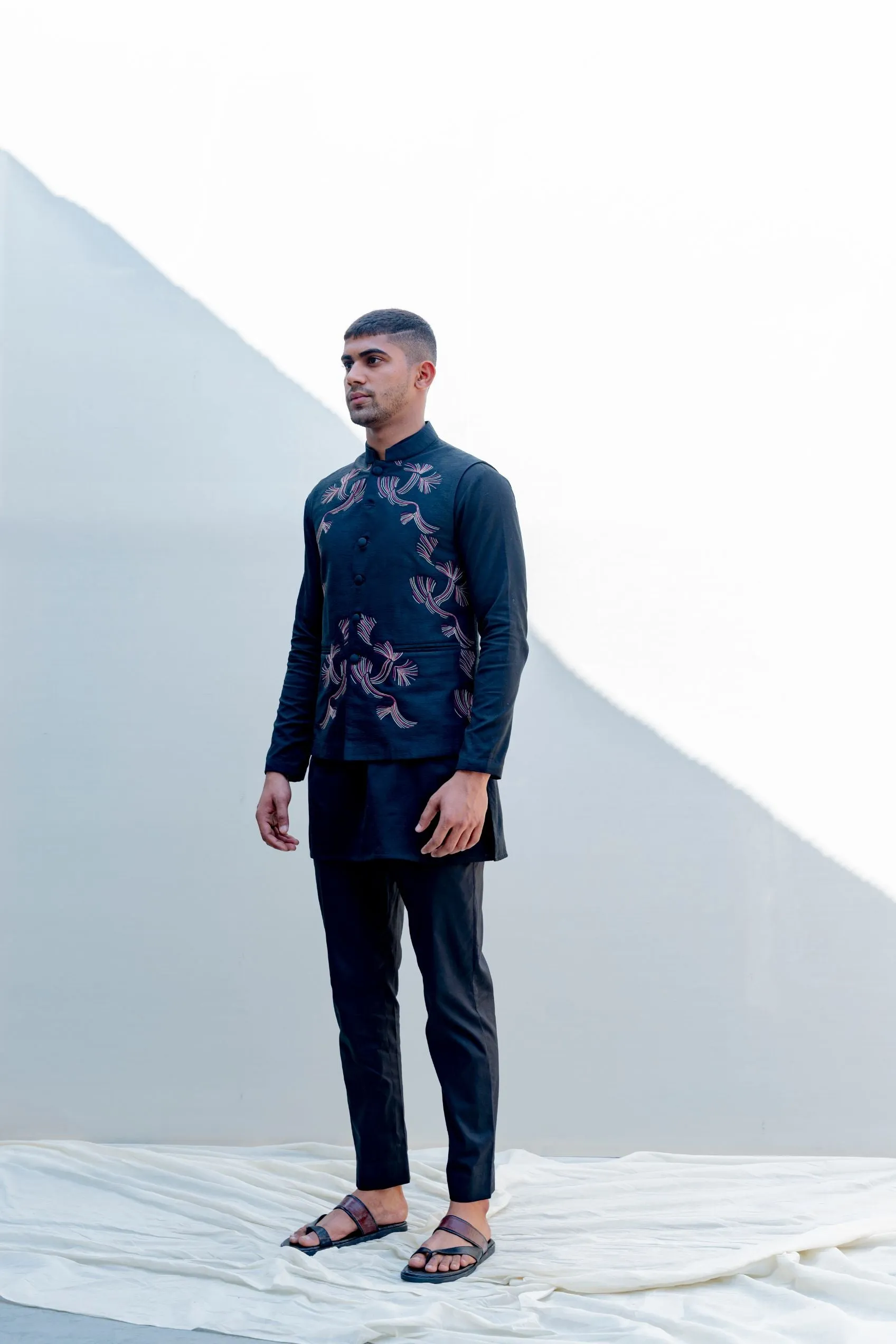 Zingaro - Black Embroidered Nehru Jacket with Kurta Set