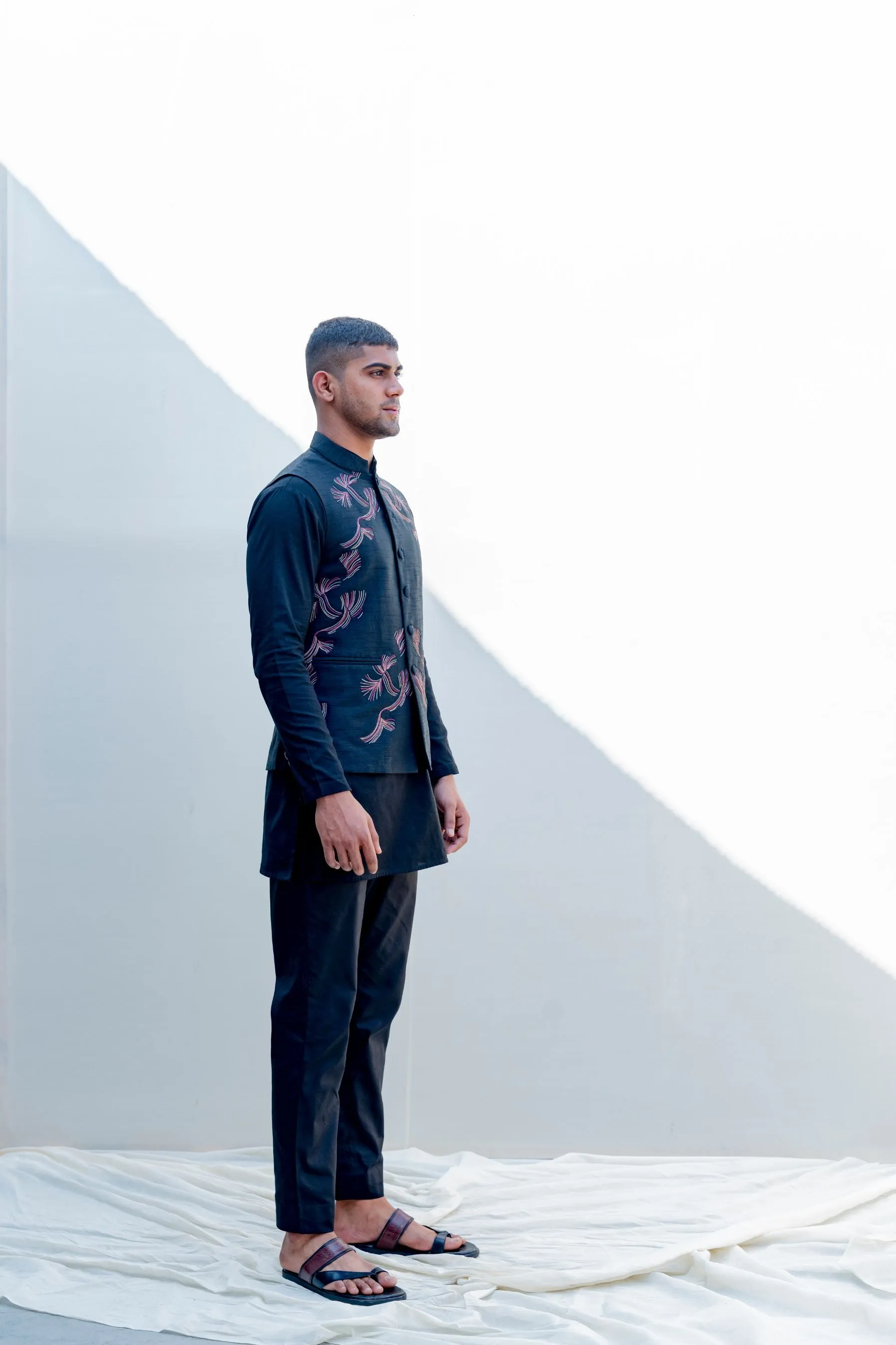 Zingaro - Black Embroidered Nehru Jacket with Kurta Set