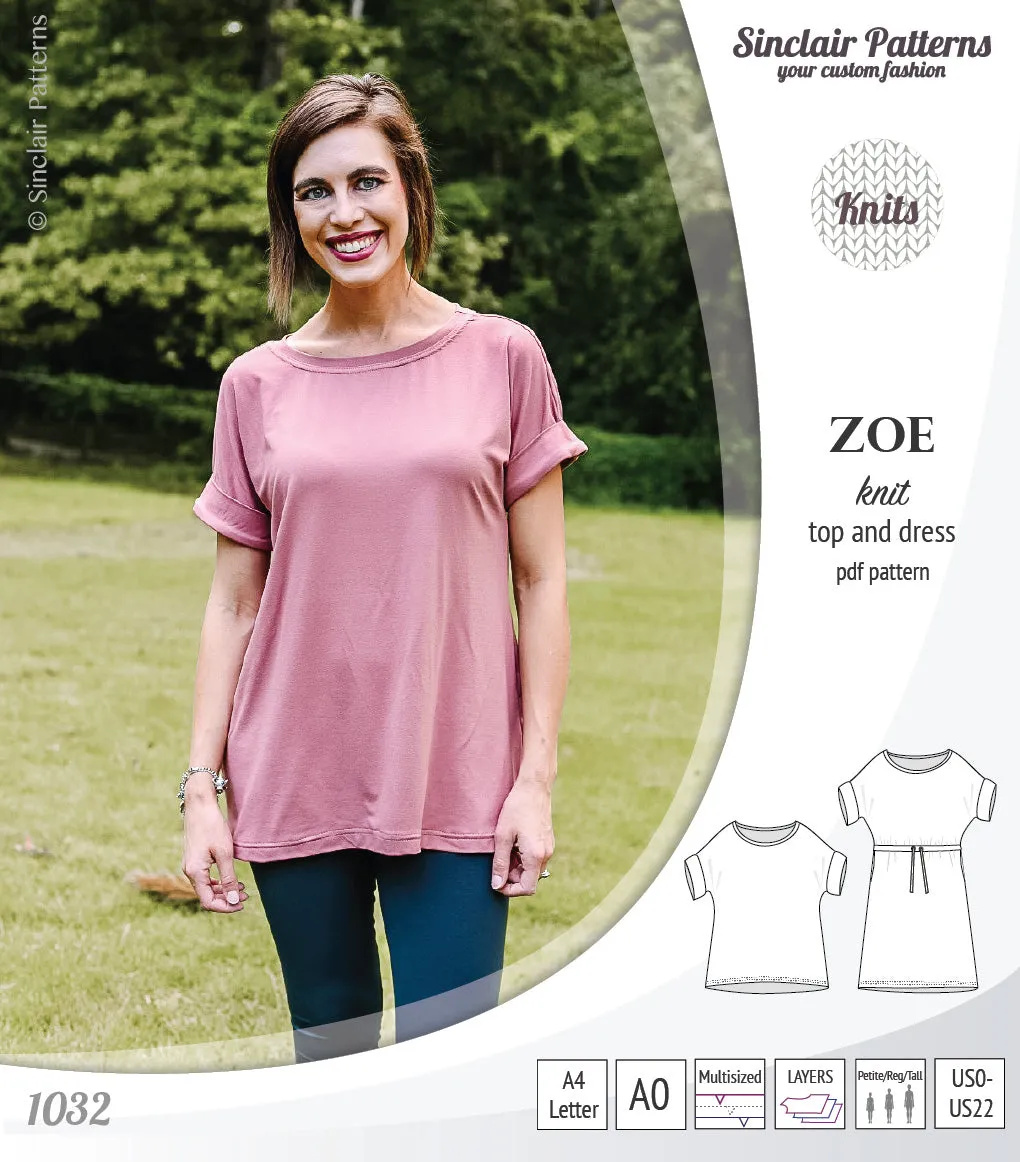 Zoe relaxed dolman knit top and drawstring dress (PDF)