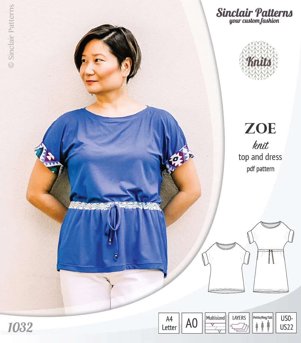 Zoe relaxed dolman knit top and drawstring dress (PDF)