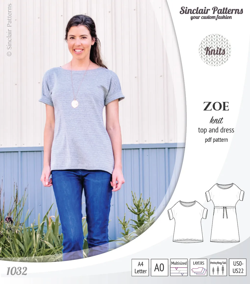 Zoe relaxed dolman knit top and drawstring dress (PDF)