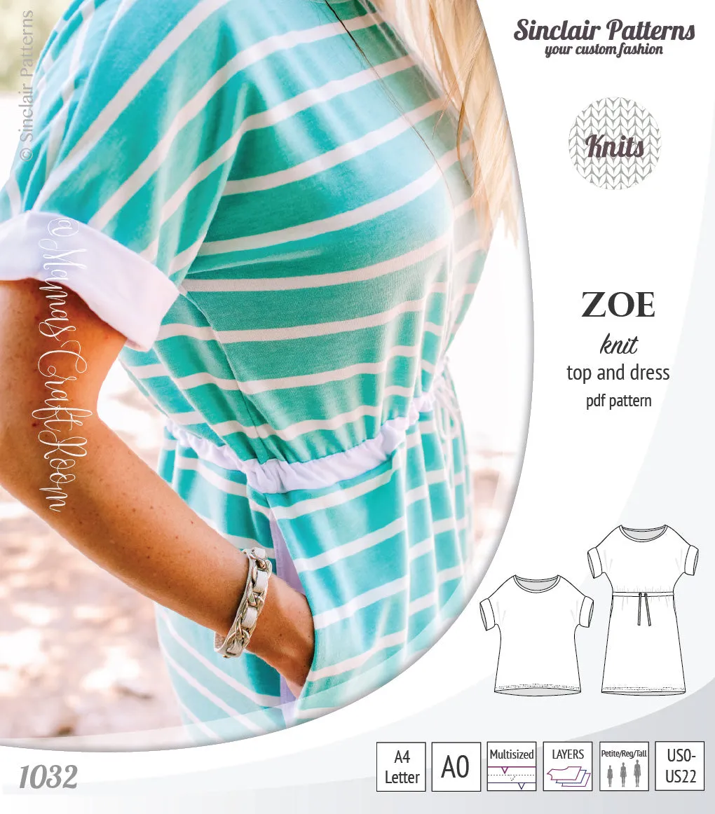 Zoe relaxed dolman knit top and drawstring dress (PDF)