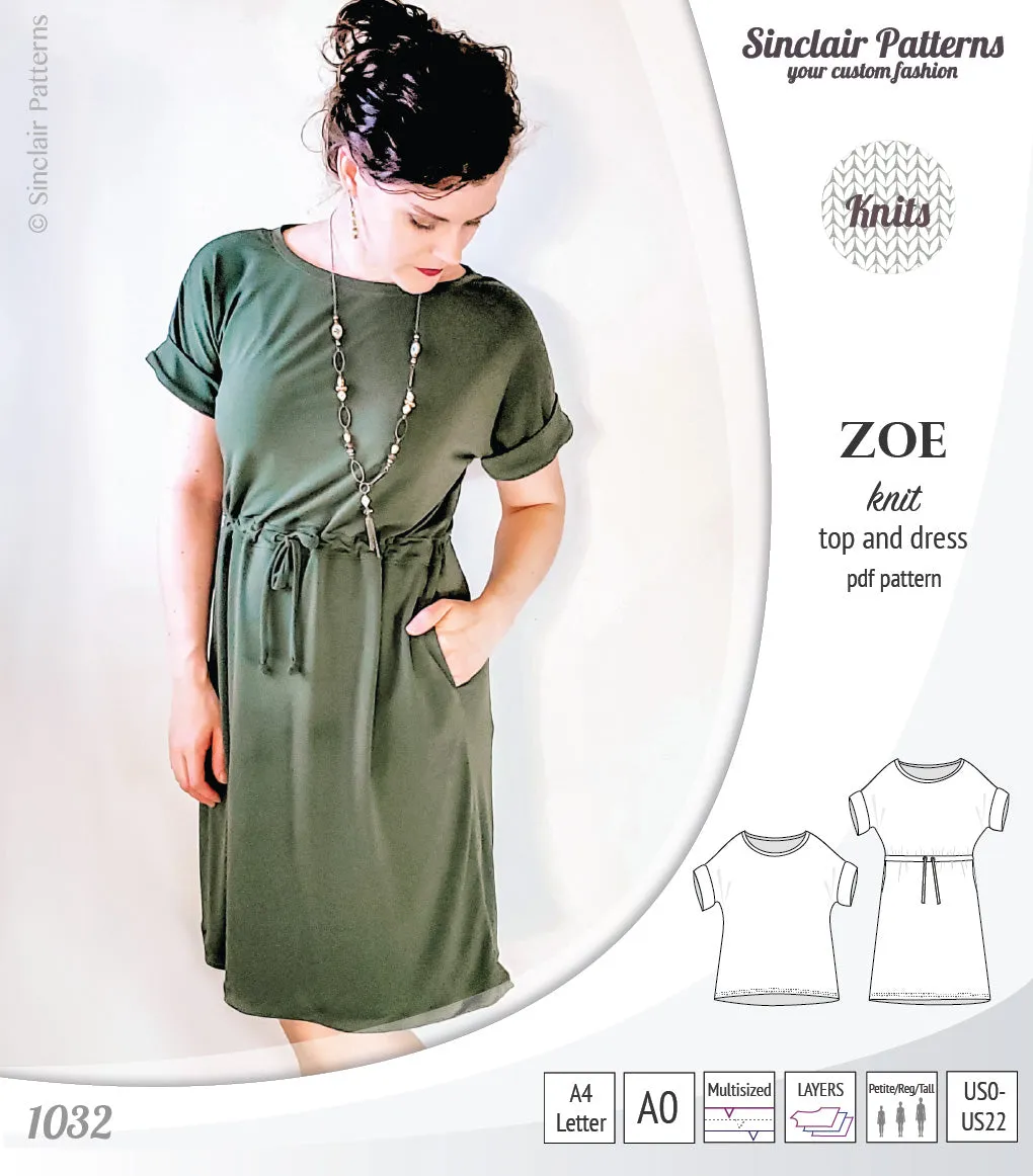 Zoe relaxed dolman knit top and drawstring dress (PDF)
