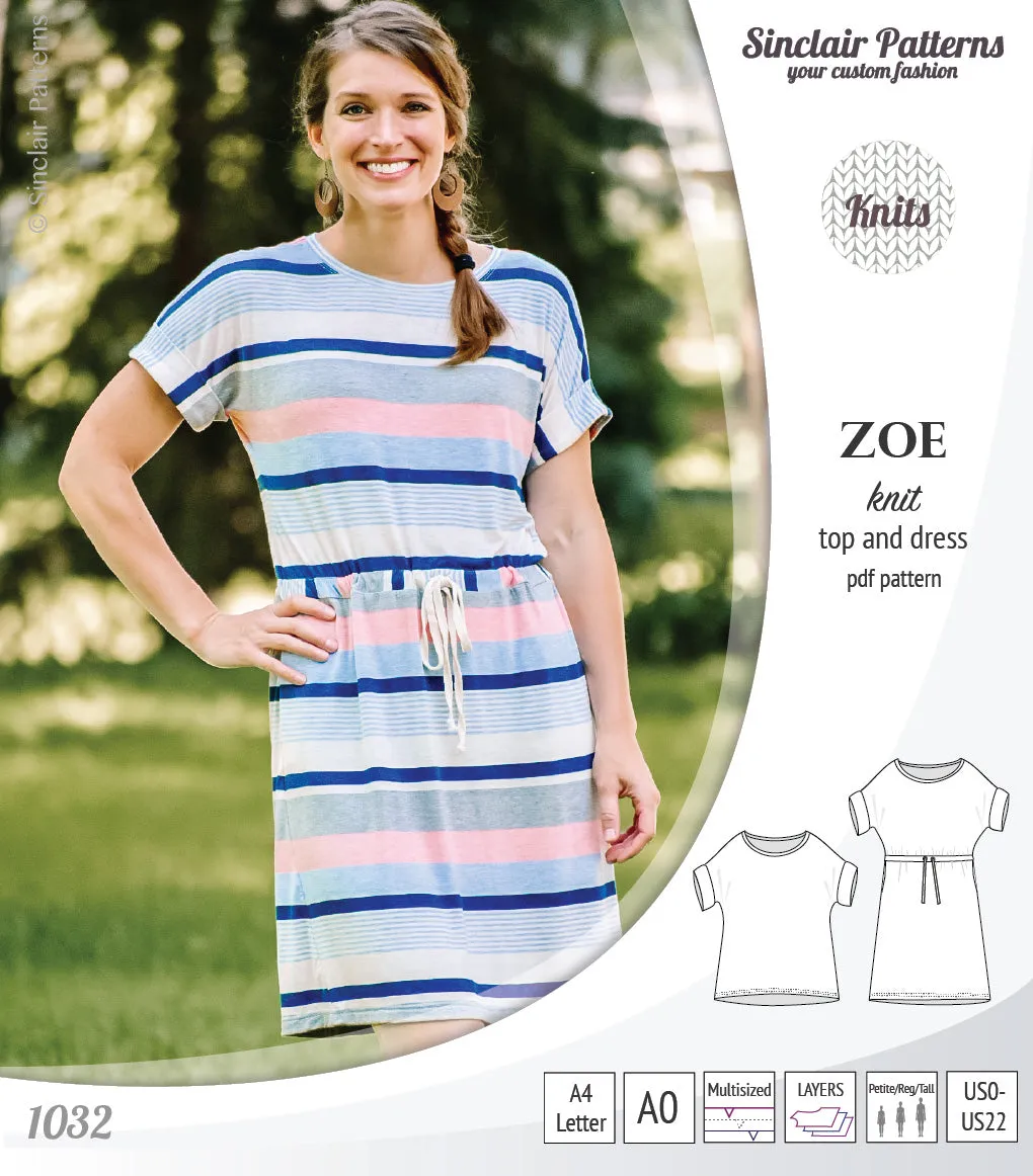 Zoe relaxed dolman knit top and drawstring dress (PDF)