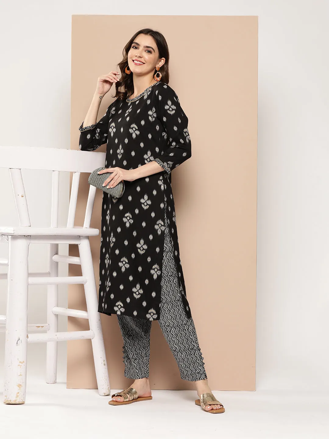 Zola Exclusive Round Neck Rayon Ikat Yarn Dyed Fabric Black Straight Kurta Set For Women