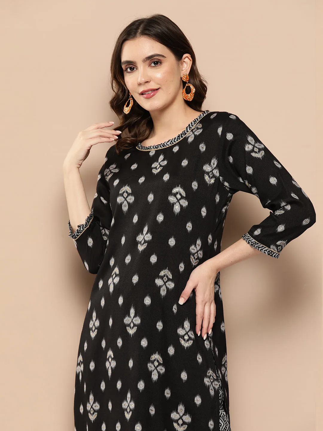 Zola Exclusive Round Neck Rayon Ikat Yarn Dyed Fabric Black Straight Kurta Set For Women