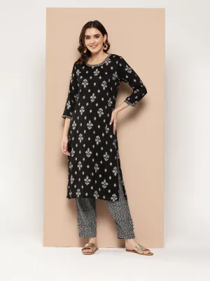 Zola Exclusive Round Neck Rayon Ikat Yarn Dyed Fabric Black Straight Kurta Set For Women