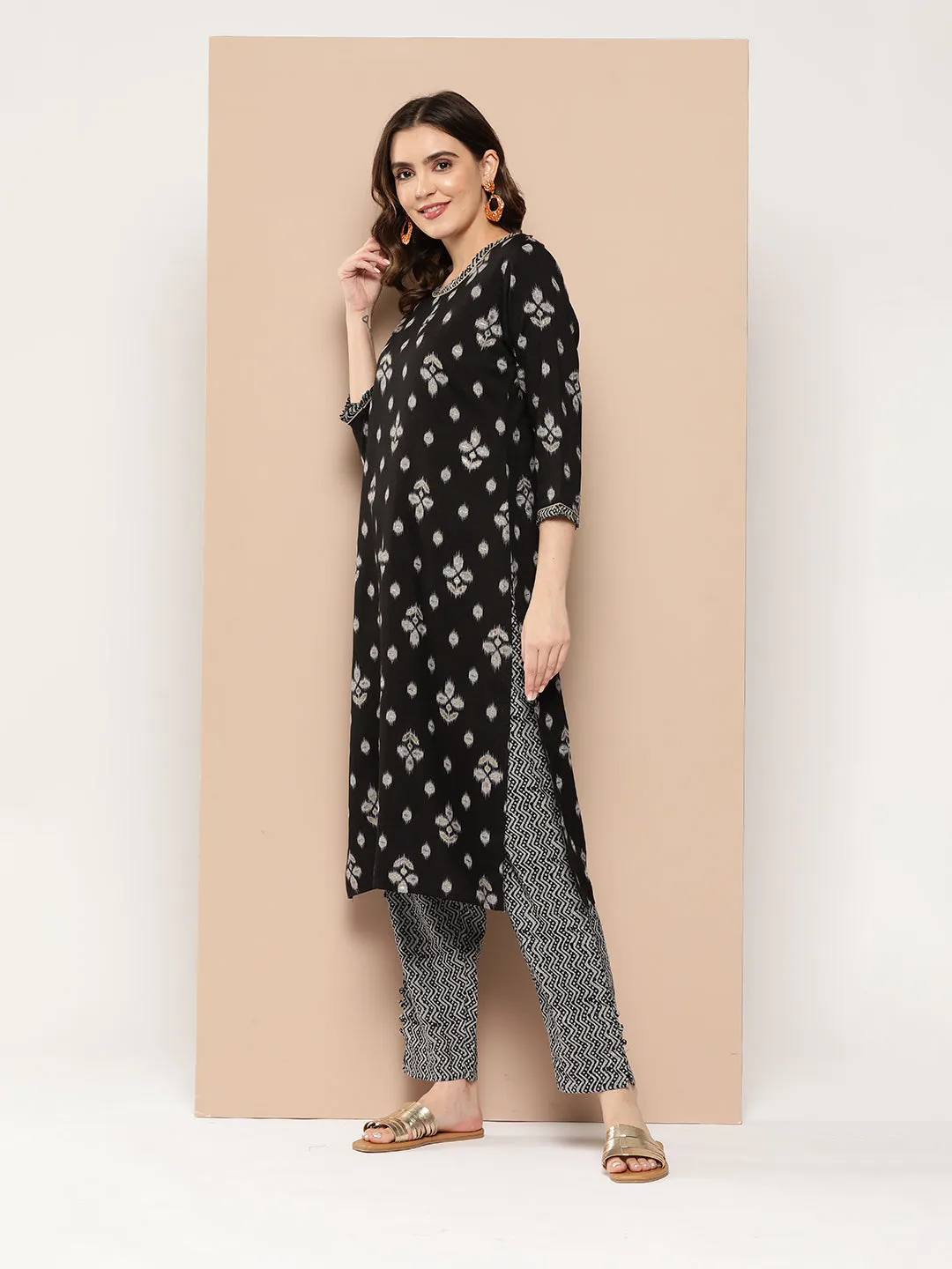 Zola Exclusive Round Neck Rayon Ikat Yarn Dyed Fabric Black Straight Kurta Set For Women