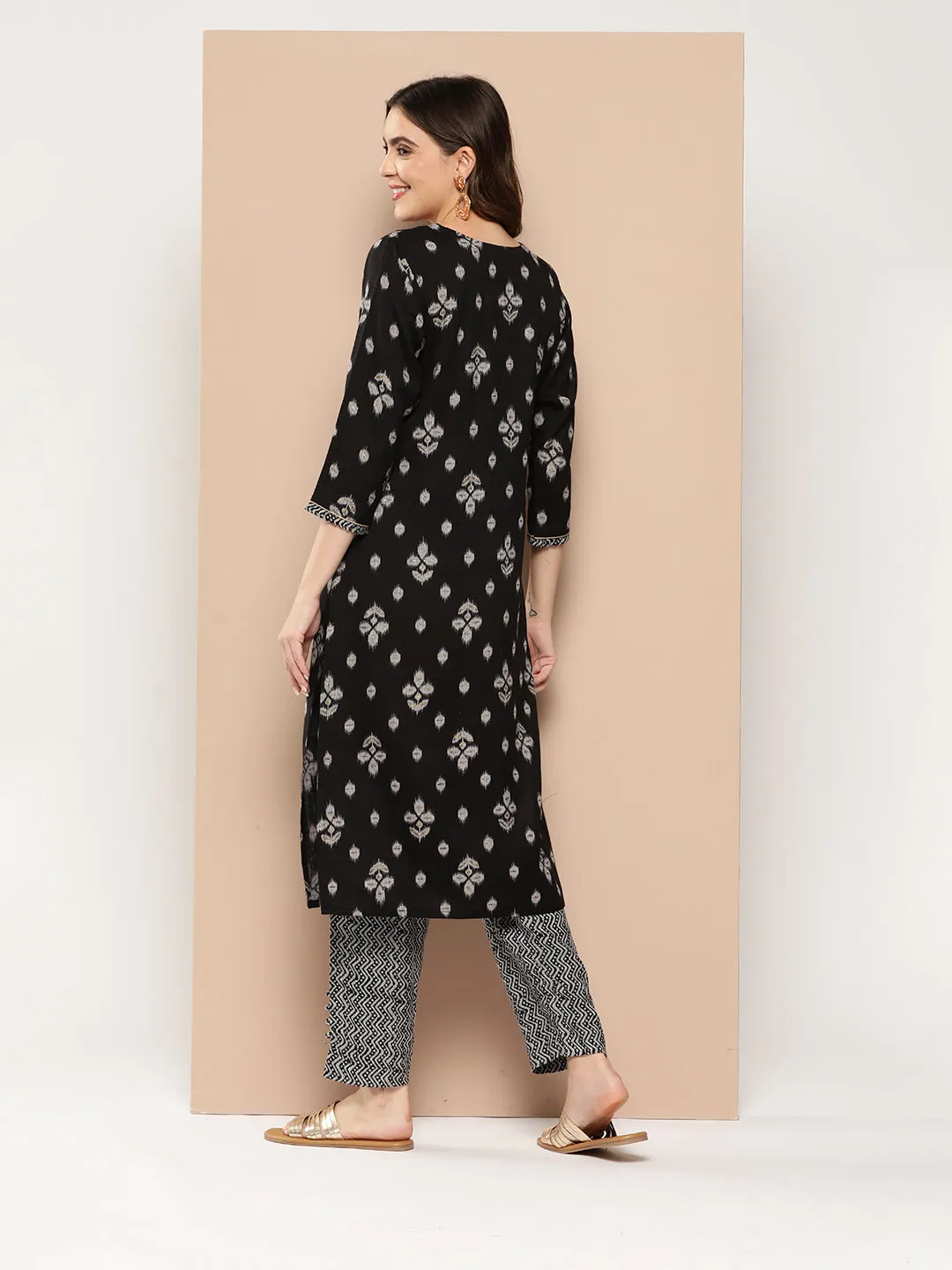 Zola Exclusive Round Neck Rayon Ikat Yarn Dyed Fabric Black Straight Kurta Set For Women