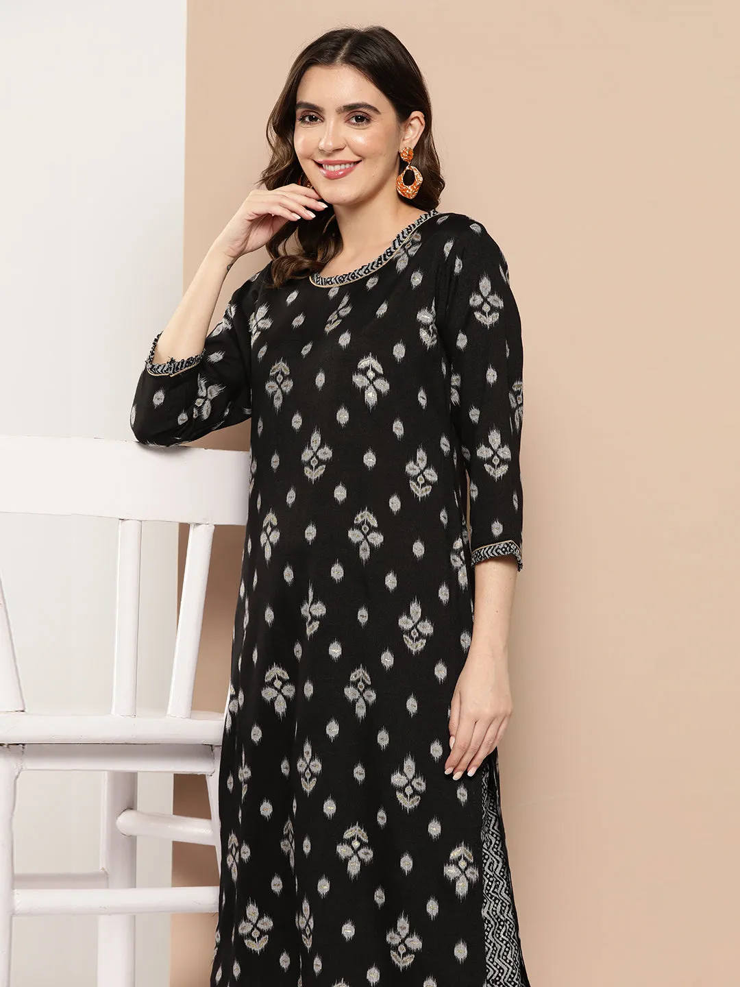 Zola Exclusive Round Neck Rayon Ikat Yarn Dyed Fabric Black Straight Kurta Set For Women