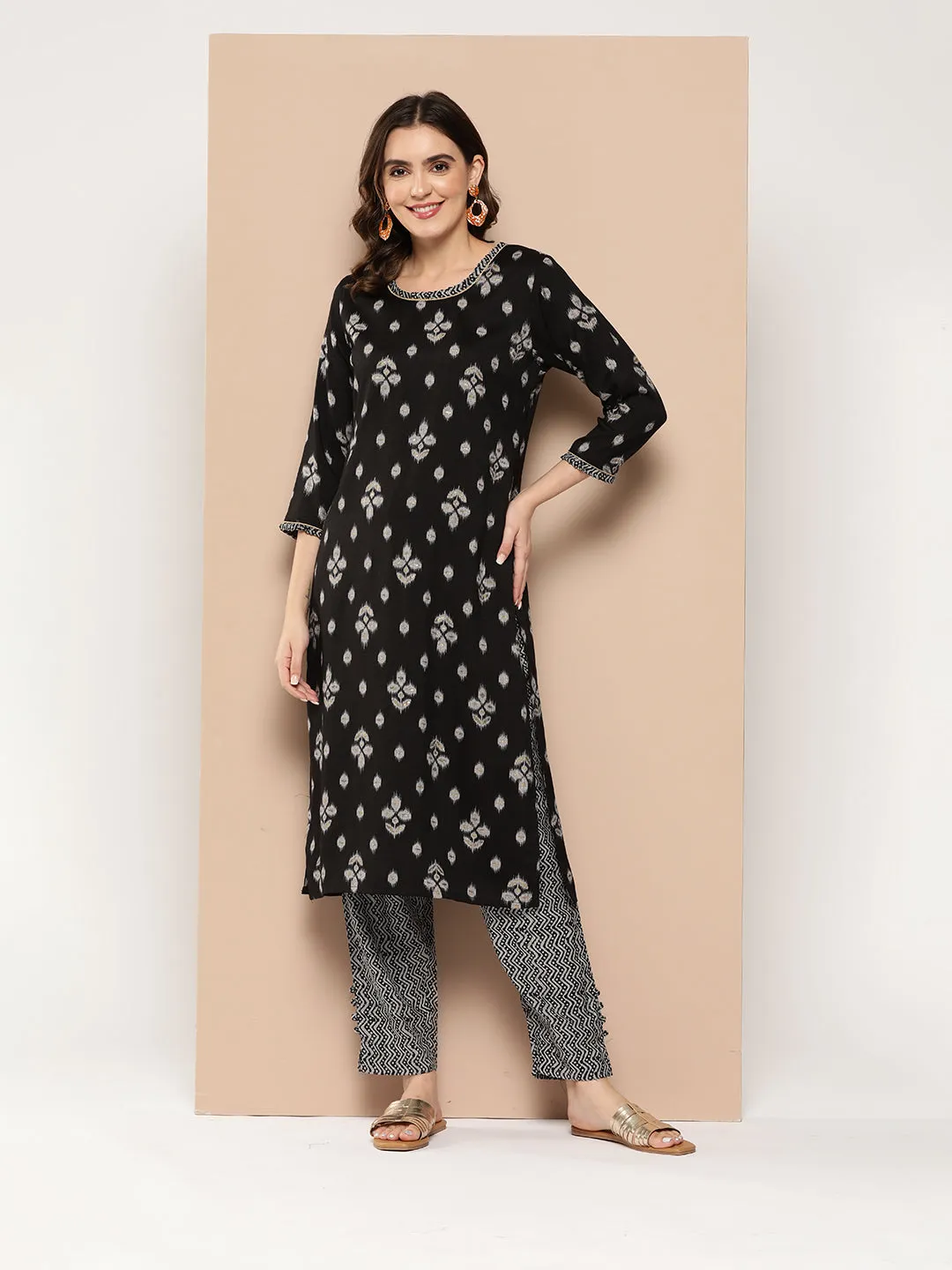 Zola Exclusive Round Neck Rayon Ikat Yarn Dyed Fabric Black Straight Kurta Set For Women